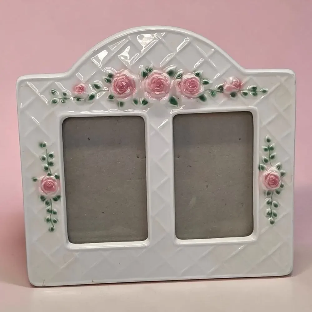 Fitz and Floyd Blushing Rose White Ceramic Double Photo Frame Cottagecore Shabby